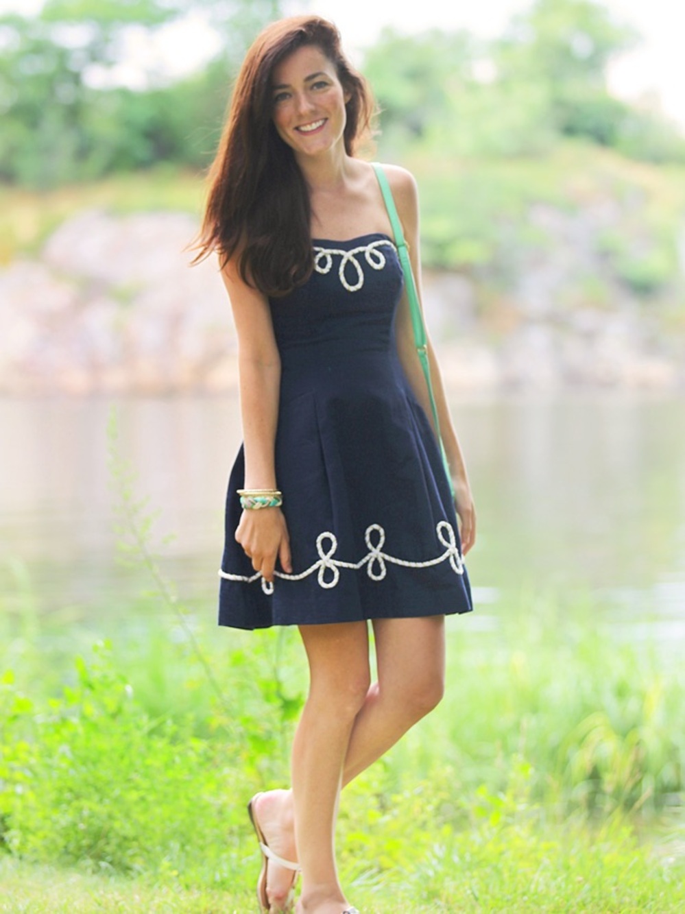Navy Rope-Trim Strapless Mini Dress